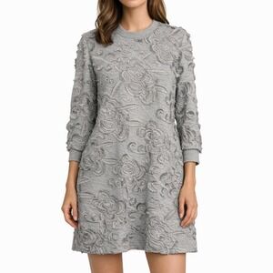Pearl by Lela Rose Dress Small Gray 3D Floral Appliqué Textured Knit Tunic Shift